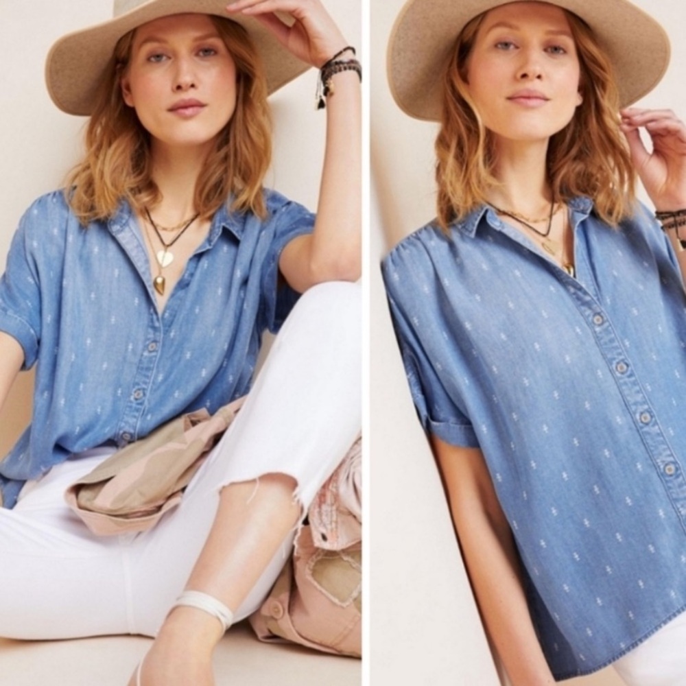 Anthropologie Cloth and Stone Denim Blue Patterned Button-Up Short Sleeve Shirt